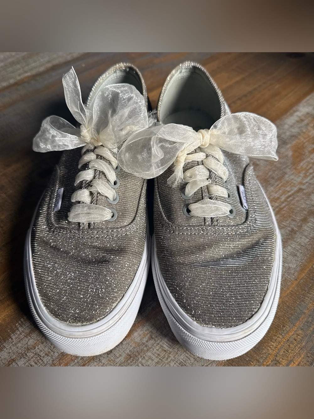 Vans Glitter Taupe Sneakers with Sheer Ivory Ribbon Laces